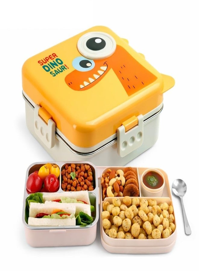 TEC TAVAKKAL Super Dinosaur Yellow Kids Lunch Box - Stainless Steel Insulated Tiffin for School with Spoon, BPA-Free | Leak-Resistant Bento Box with Tray & Container | 1120ml + 70ml (Dinosaur, Yellow) - Image 1
